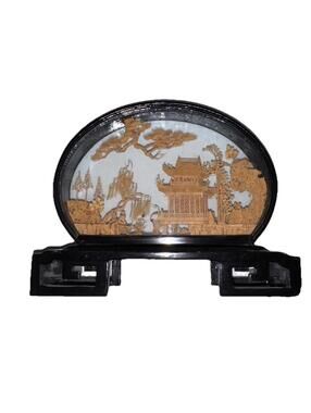 Vintage San You Chinese Cork Carving Art Pagoda Landscape Glass Diorama Base